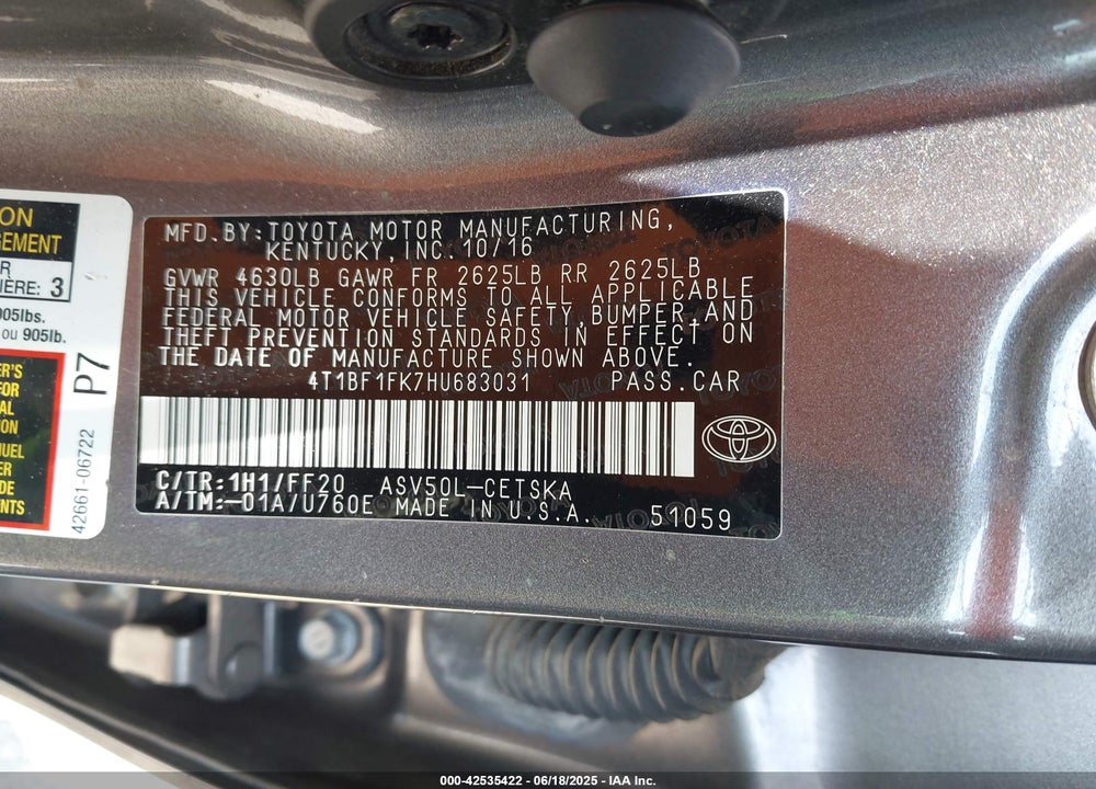 2017 TOYOTA CAMRY VIN: 4T1BF1FK7HU683031