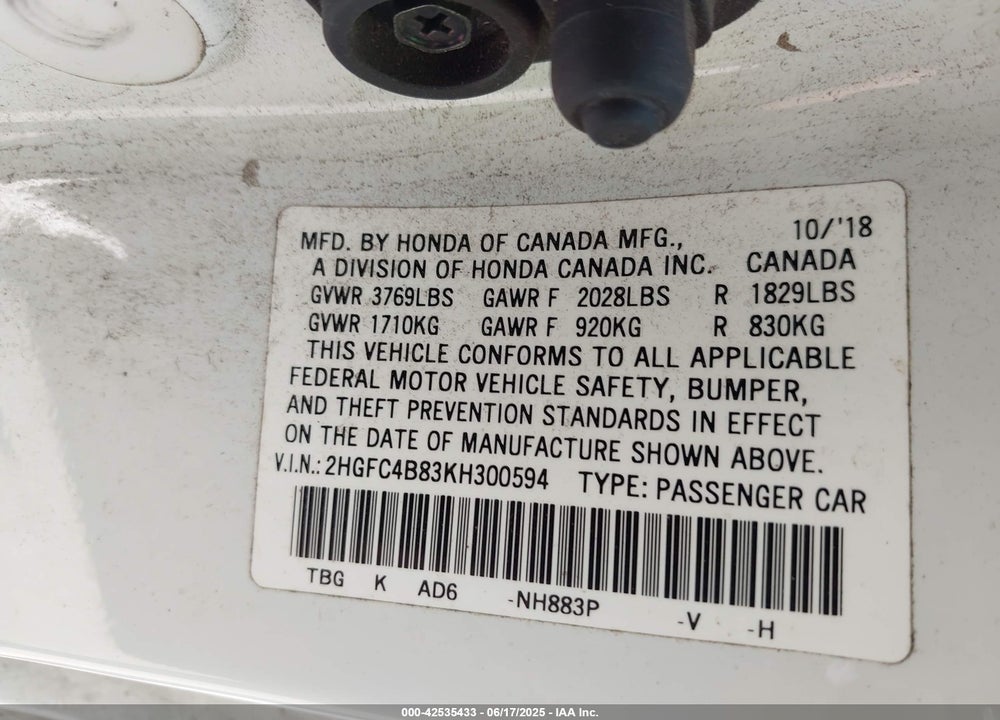 2019 HONDA CIVIC VIN: 2HGFC4B83KH300594