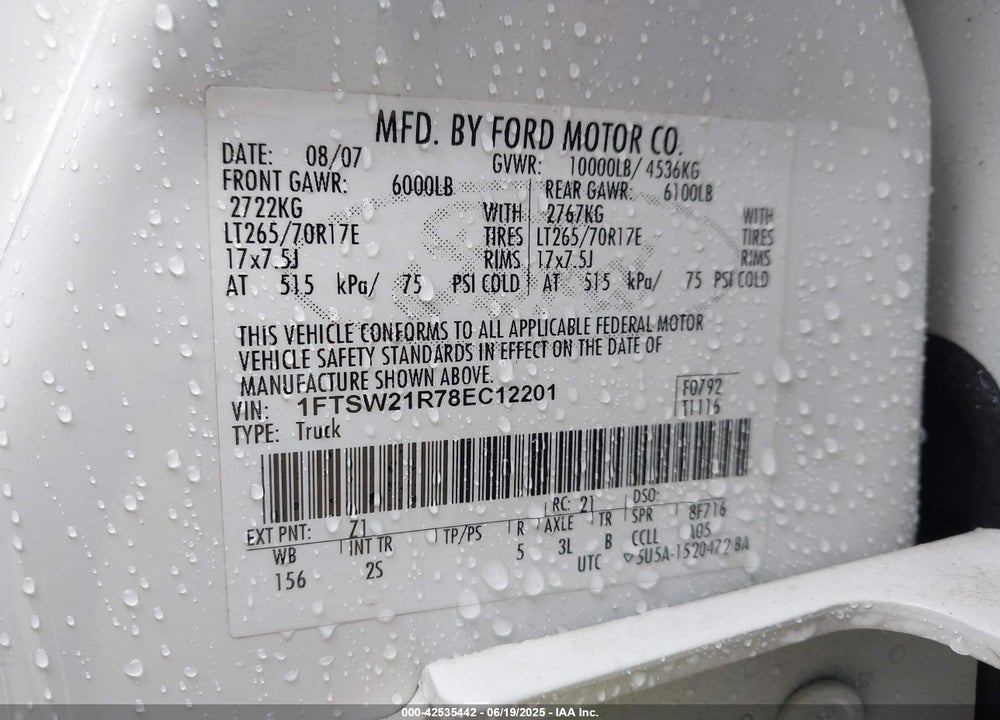 2008 FORD F-250 VIN: 1FTSW21R78EC12201