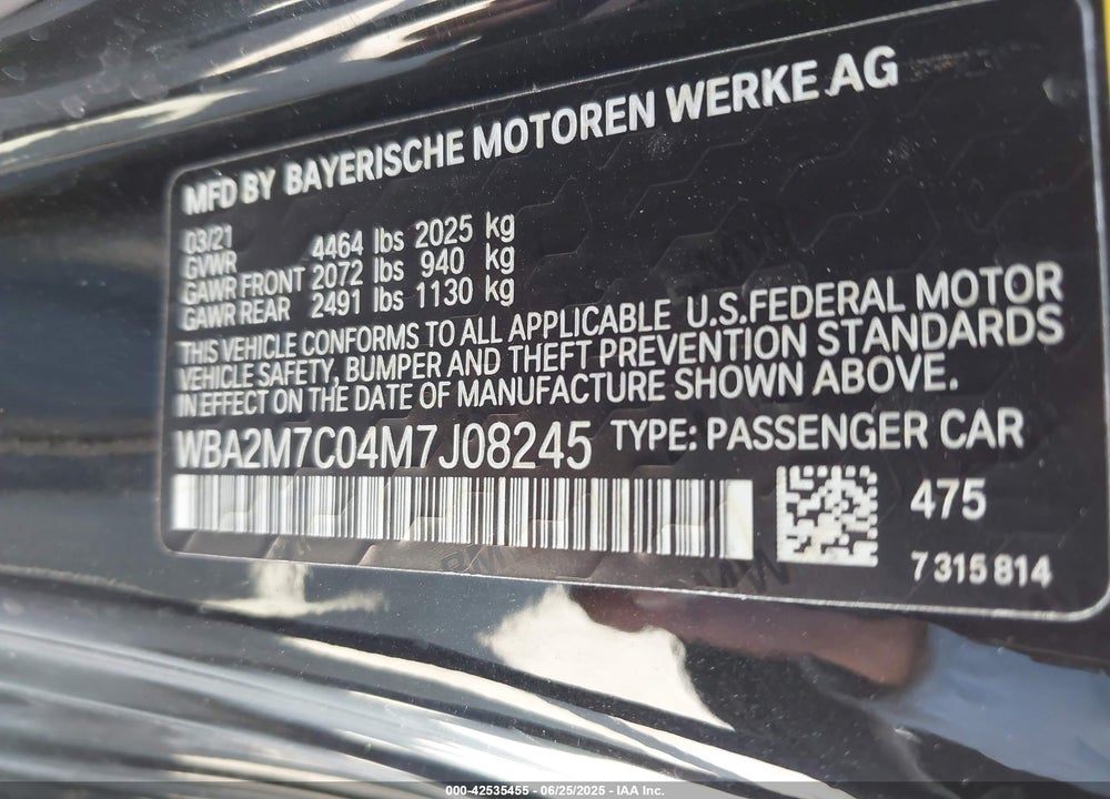 2021 BMW 2 SERIES VIN: WBA2M7C04M7J08245