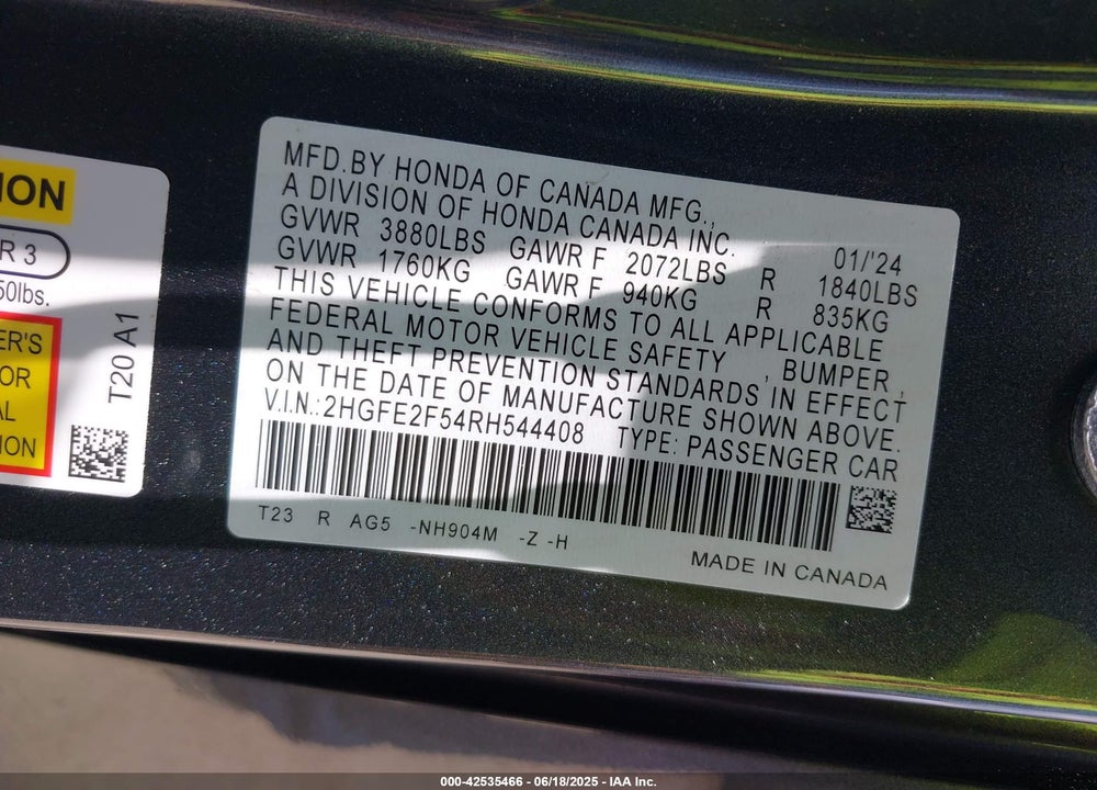 2024 HONDA CIVIC VIN: 2HGFE2F54RH544408