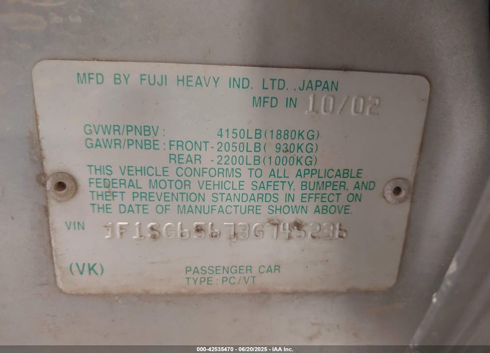 2003 SUBARU FORESTER XS VIN: JF1SG65673G745236