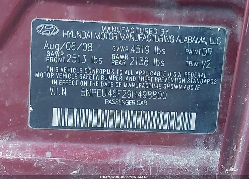 2009 HYUNDAI SONATA VIN: 5NPEU46F29H498800