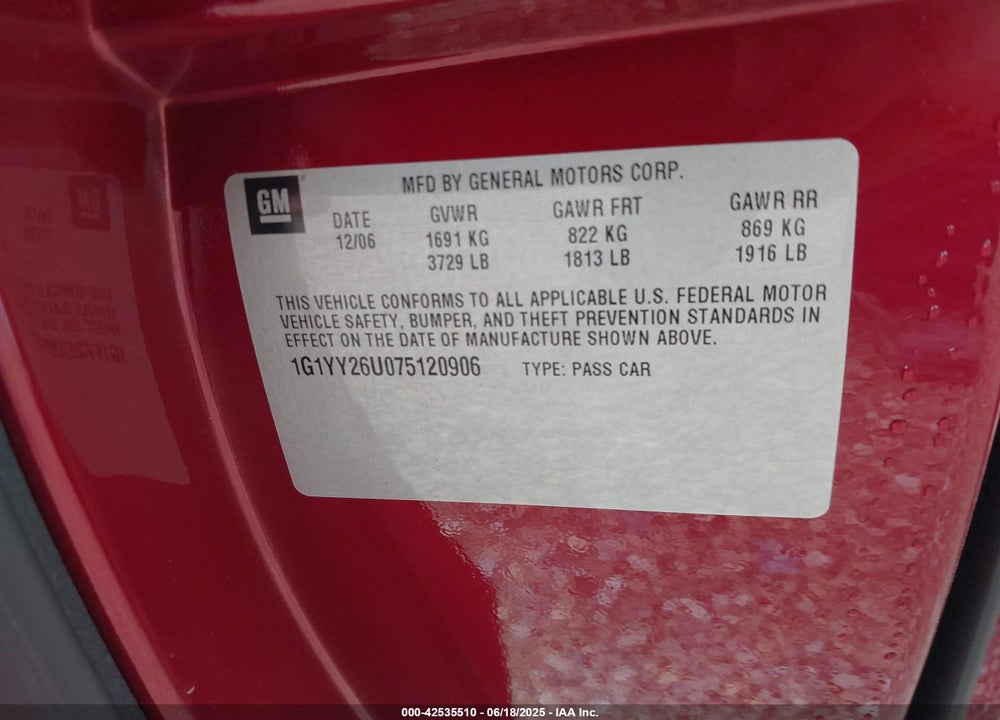 2007 CHEVROLET CORVETTE VIN: 1G1YY26U075120906