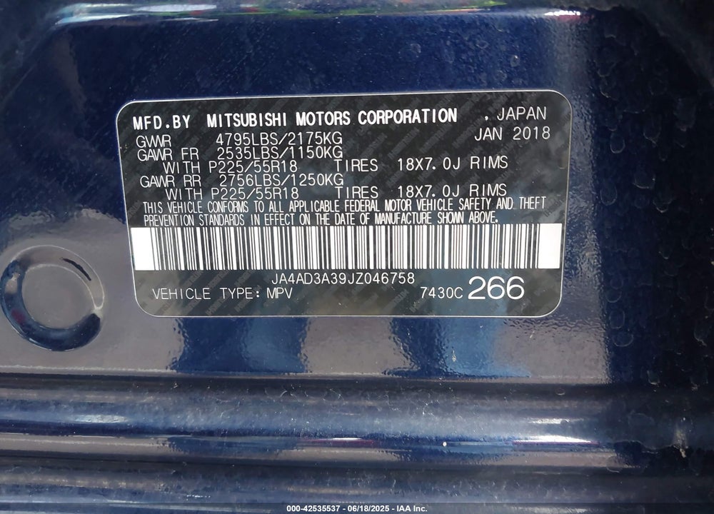 2018 MITSUBISHI OUTLANDER VIN: JA4AD3A39JZ046758