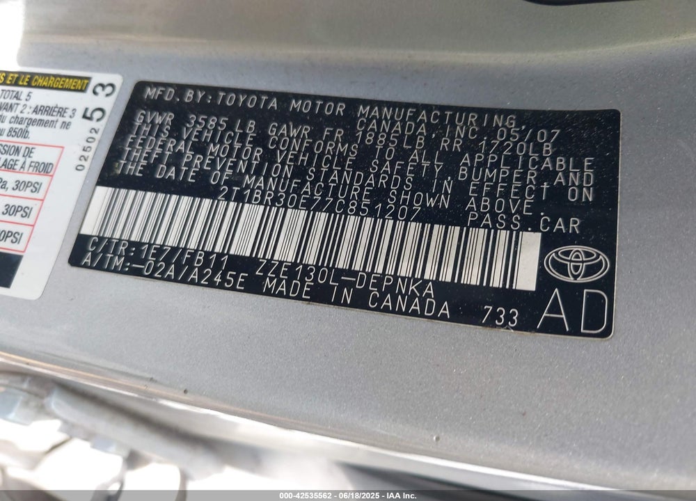 2007 TOYOTA COROLLA VIN: 2T1BR30E77C851207