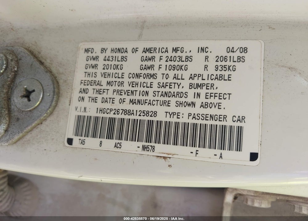 2008 HONDA ACCORD 2.4 EX VIN: 1HGCP26788A125828