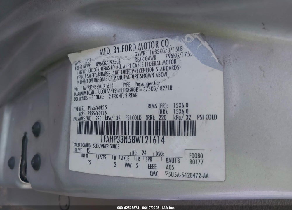 2008 FORD FOCUS VIN: 1FAHP33N58W121614