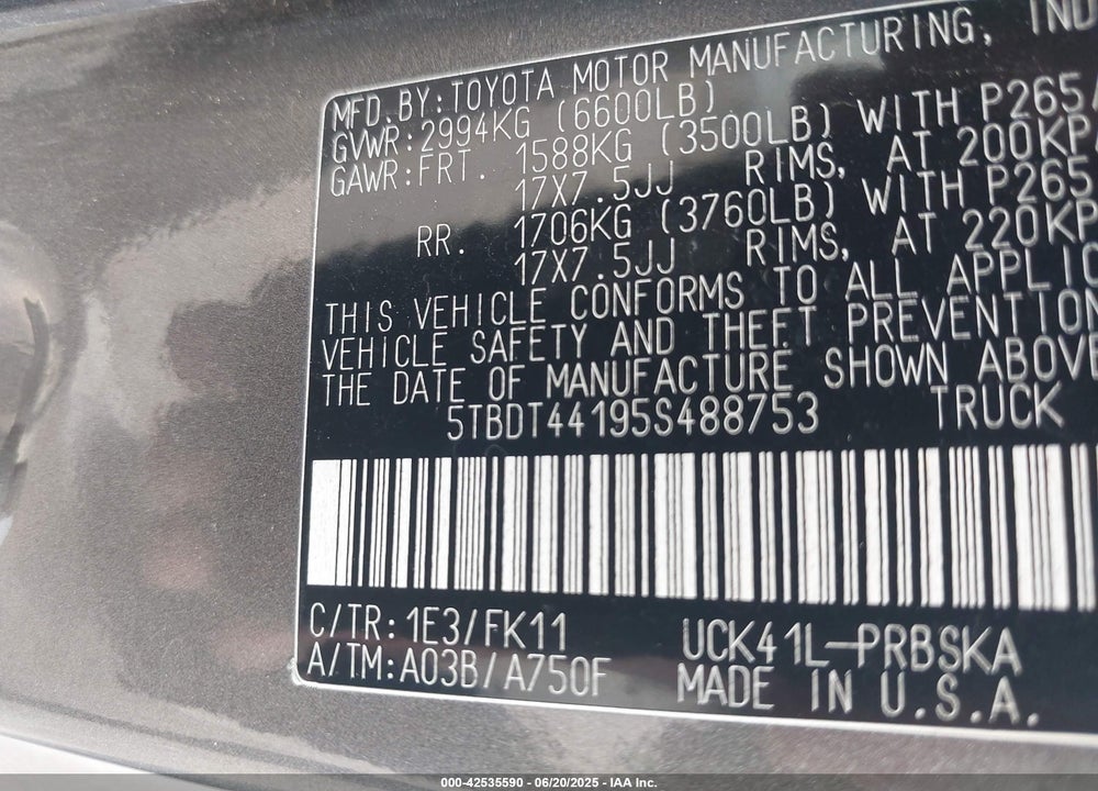 2005 TOYOTA TUNDRA SR5 V8 VIN: 5TBDT44195S488753