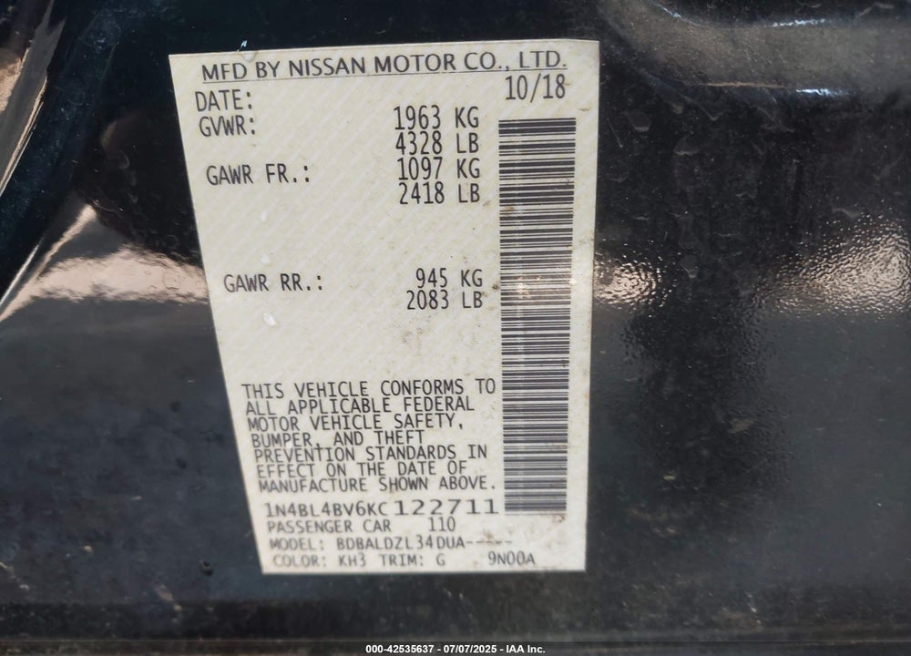 2019 NISSAN ALTIMA 2.5 S VIN: 1N4BL4BV6KC122711