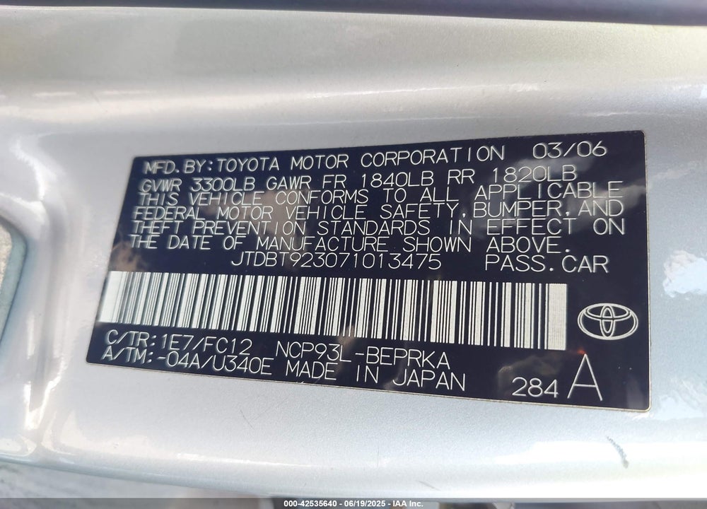 2007 TOYOTA YARIS VIN: JTDBT923071013475