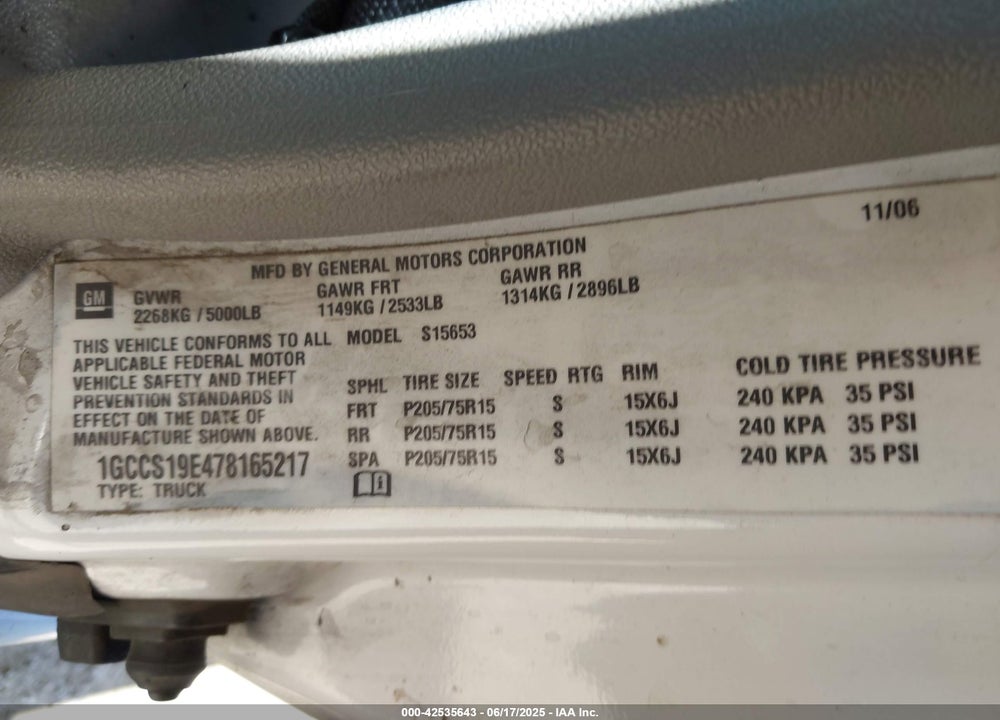 2007 CHEVROLET COLORADO WORK TRUCK VIN: 1GCCS19E478165217