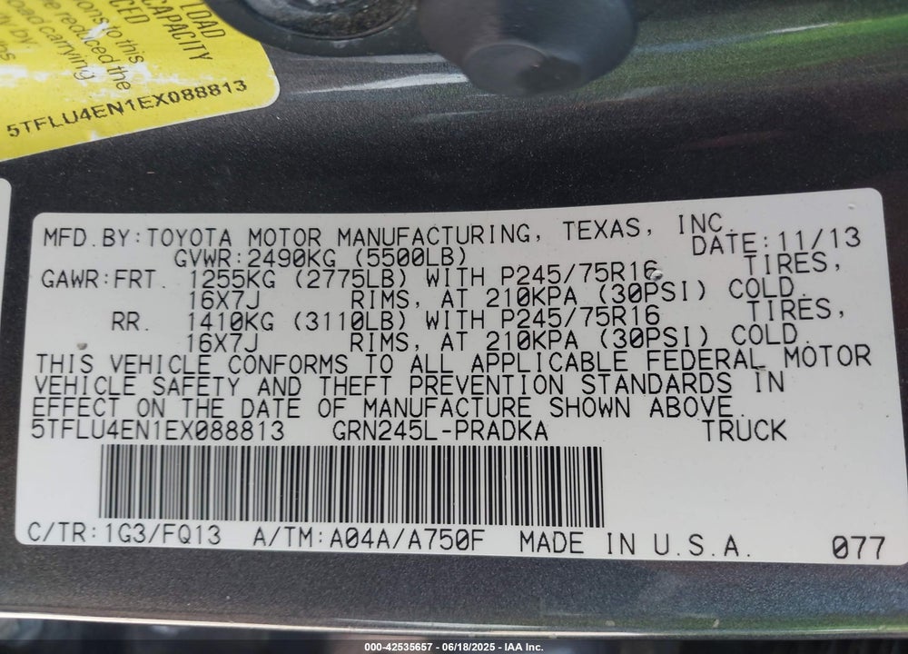 2014 TOYOTA TACOMA VIN: 5TFLU4EN1EX088813
