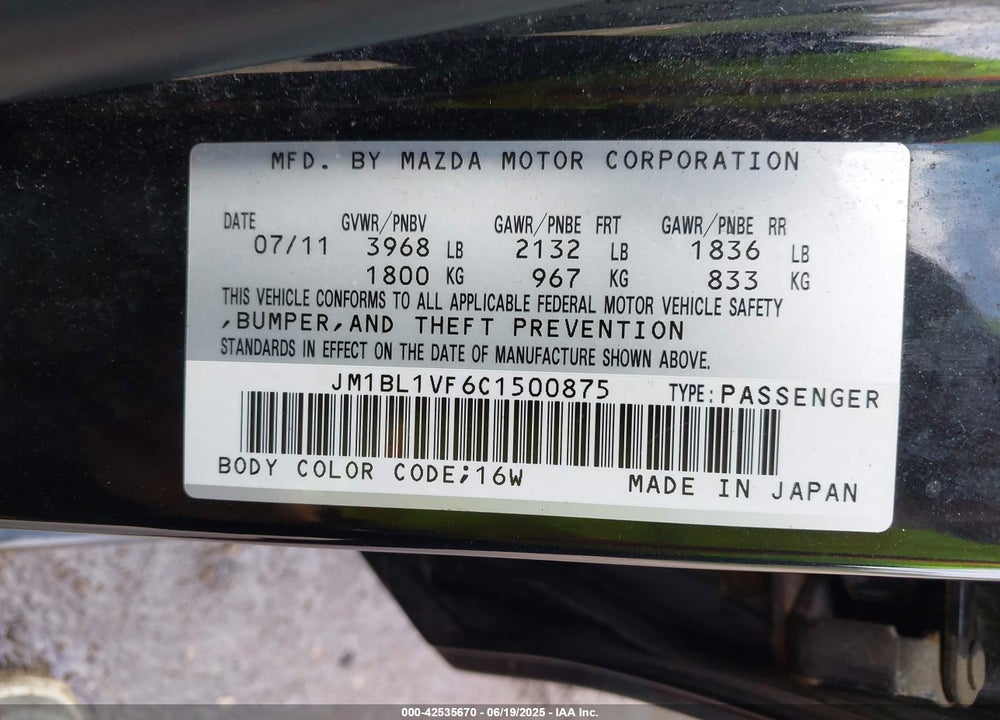 2012 MAZDA 3 VIN: JM1BL1VF6C1500875
