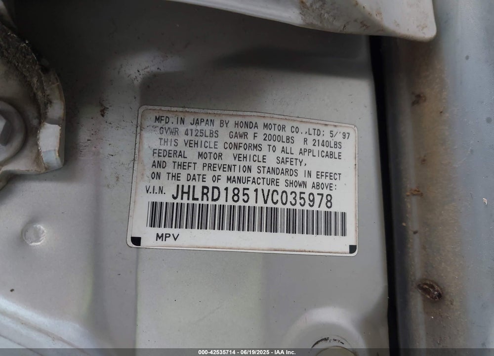 1997 HONDA CR-V VIN: JHLRD1851VC035978