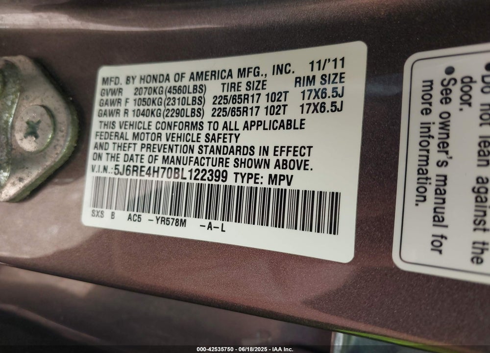 2011 HONDA CR-V VIN: 5J6RE4H70BL122399