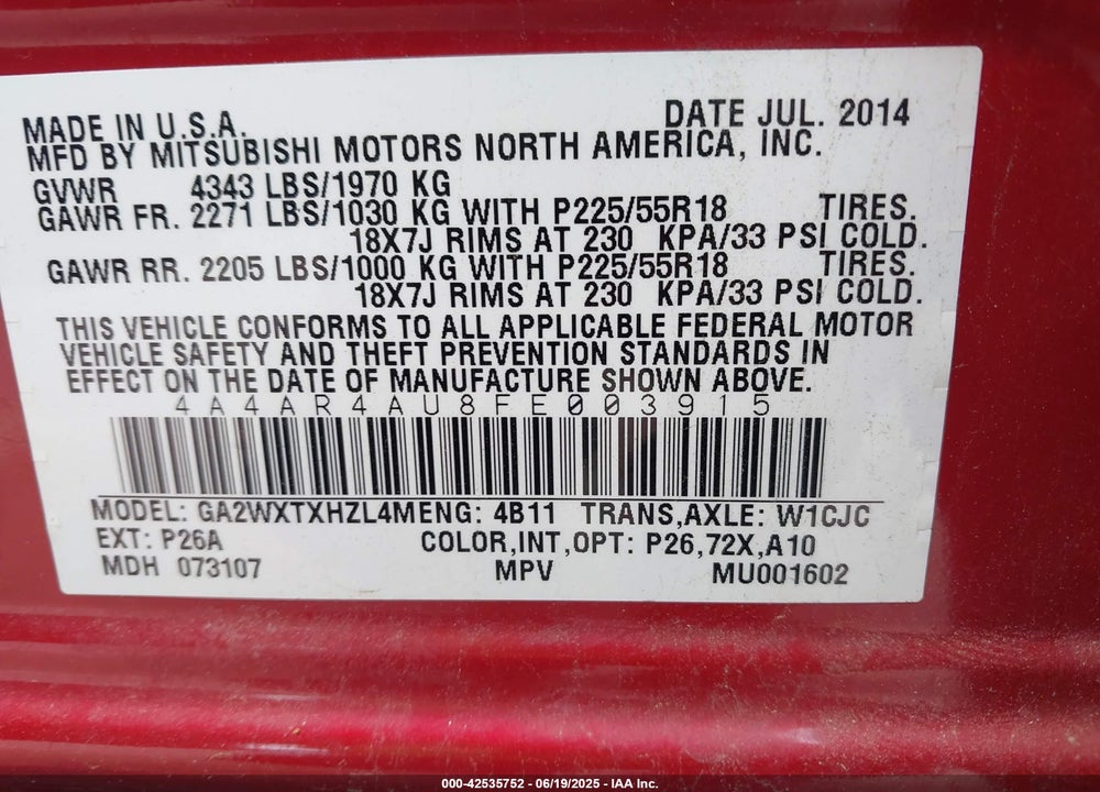 2015 MITSUBISHI OUTLANDER SPORT SE VIN: 4A4AR4AU8FE003915