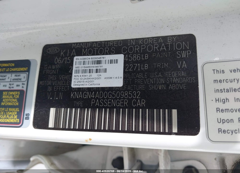2016 KIA OPTIMA HYBRID VIN: KNAGN4AD0G5098532