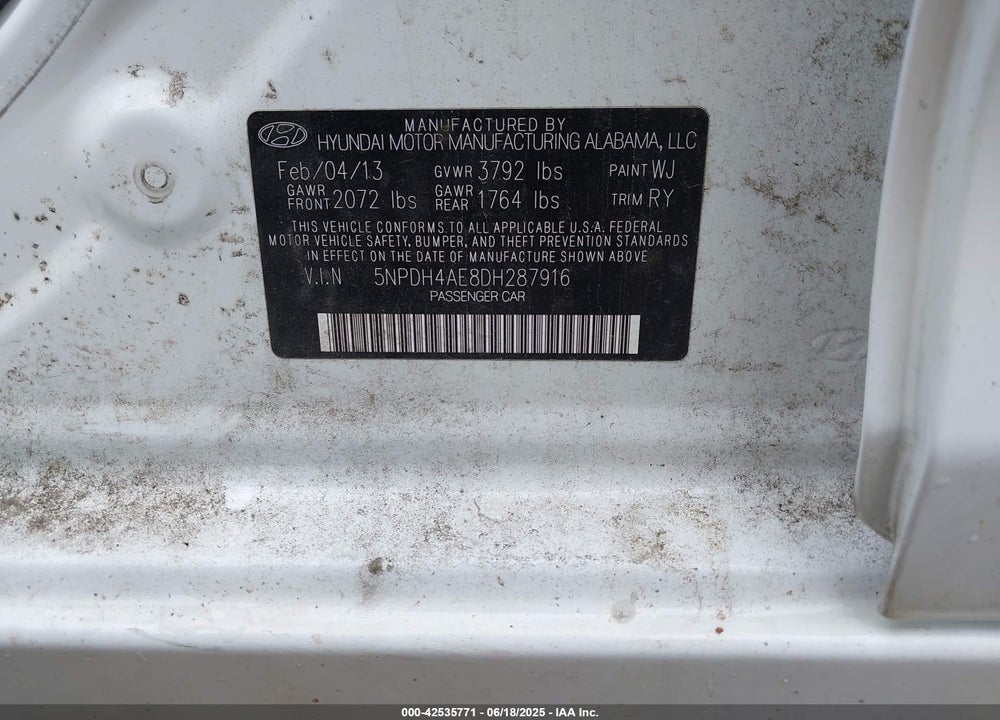 2013 HYUNDAI ELANTRA VIN: 5NPDH4AE8DH287916