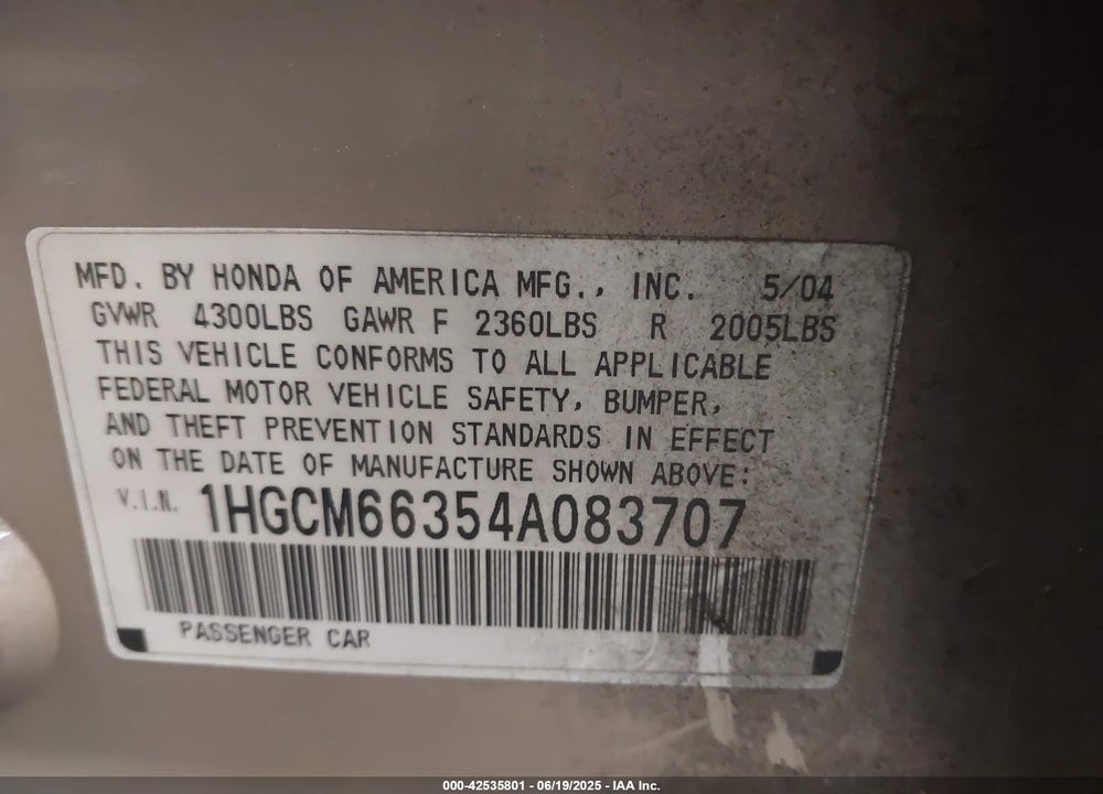 2004 HONDA ACCORD 3.0 LX VIN: 1HGCM66354A083707