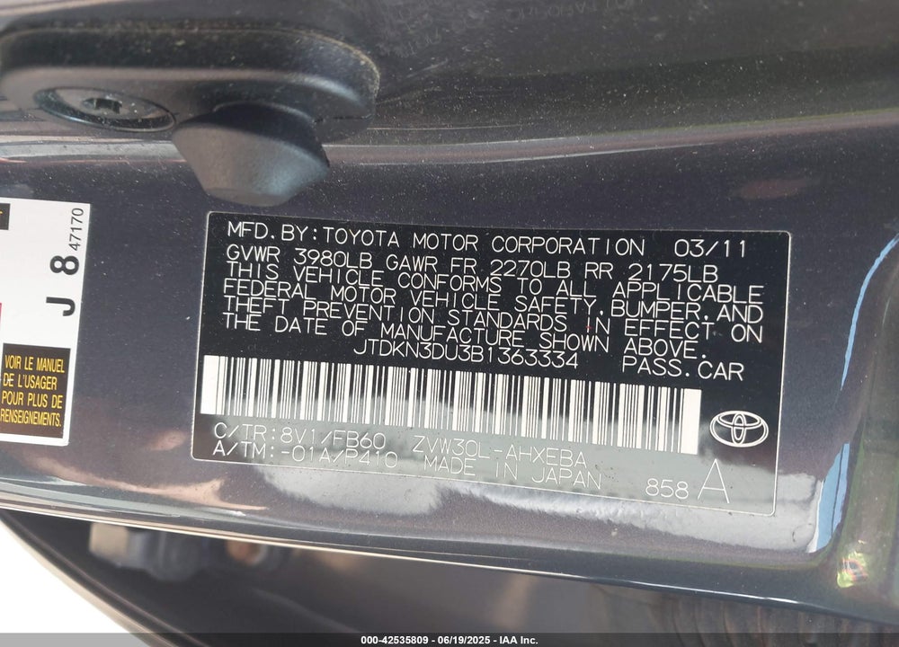 2011 TOYOTA PRIUS TWO VIN: JTDKN3DU3B1363334
