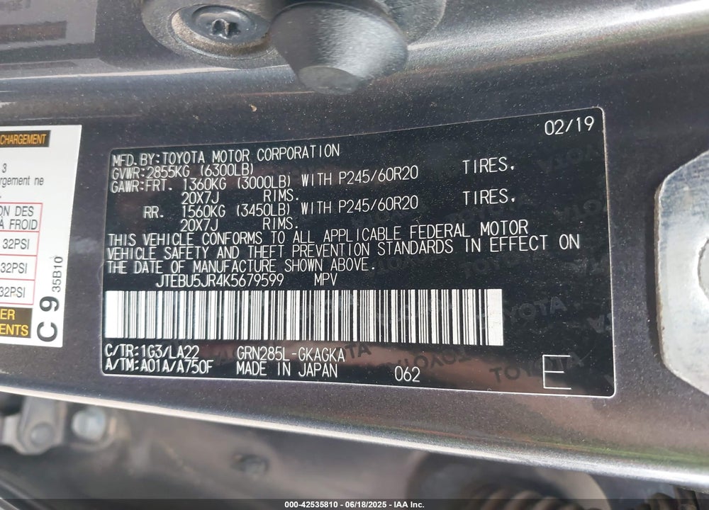 2019 TOYOTA 4RUNNER VIN: JTEBU5JR4K5679599