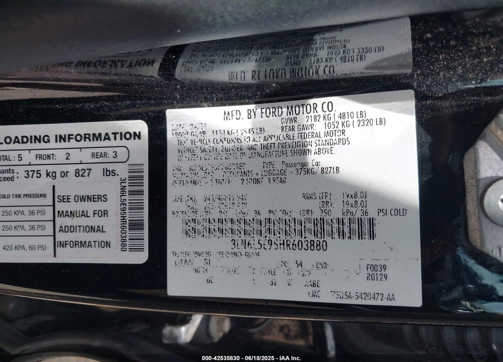 2017 LINCOLN MKZ VIN: 3LN6L5E95HR603880