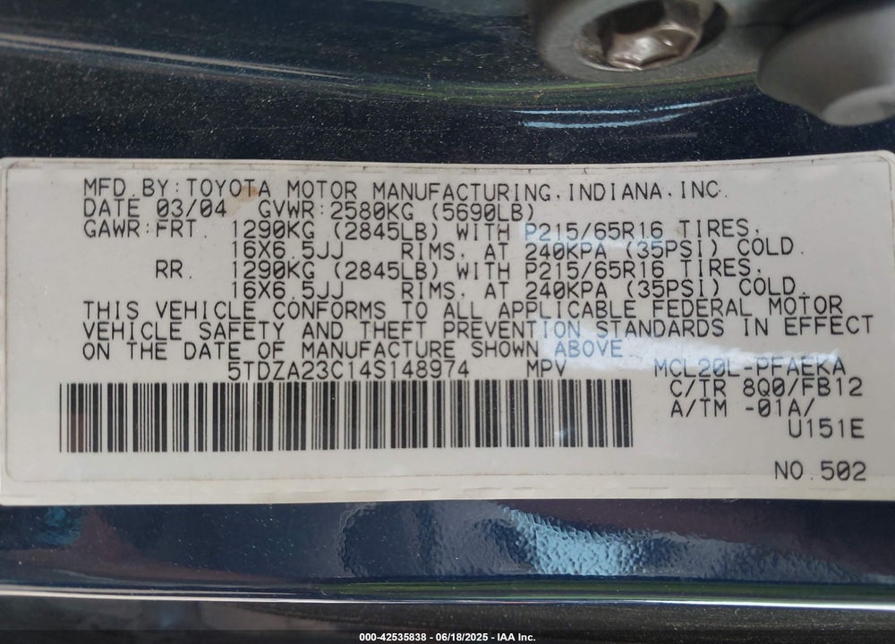 2004 TOYOTA SIENNA LE VIN: 5TDZA23C14S148974