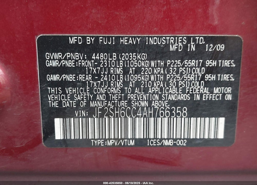 2010 SUBARU FORESTER VIN: JF2SH6CC4AH766358