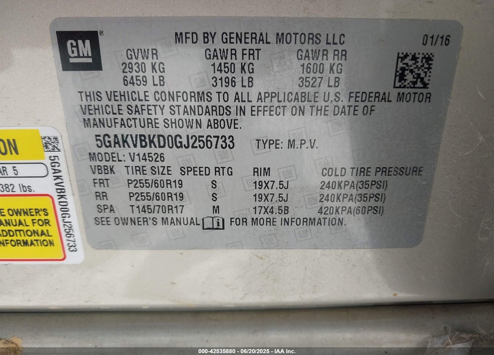 2016 BUICK ENCLAVE LEATHER VIN: 5GAKVBKD0GJ256733