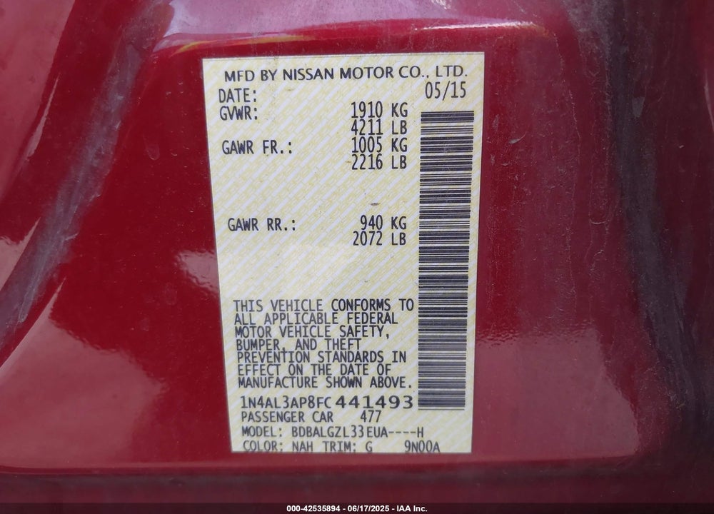 2015 NISSAN ALTIMA VIN: 1N4AL3AP8FC441493
