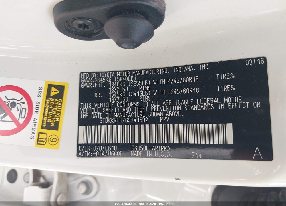 2016 TOYOTA HIGHLANDER VIN: 5TDKKRFH7GS141692