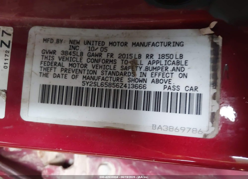 2006 PONTIAC VIBE VIN: 5Y2SL65856Z413666