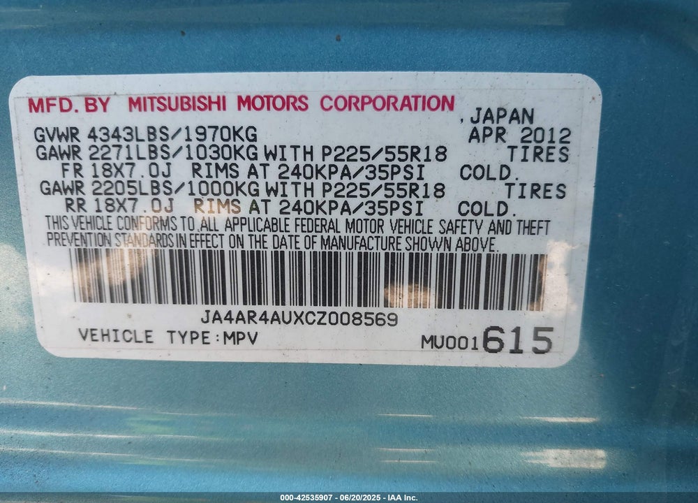 2012 MITSUBISHI OUTLANDER SPORT SE VIN: JA4AR4AUXCZ008569
