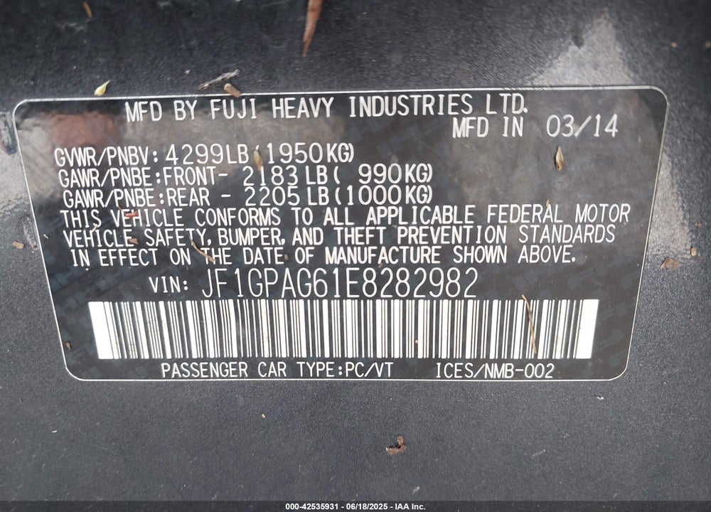 2014 SUBARU IMPREZA VIN: JF1GPAG61E8282982
