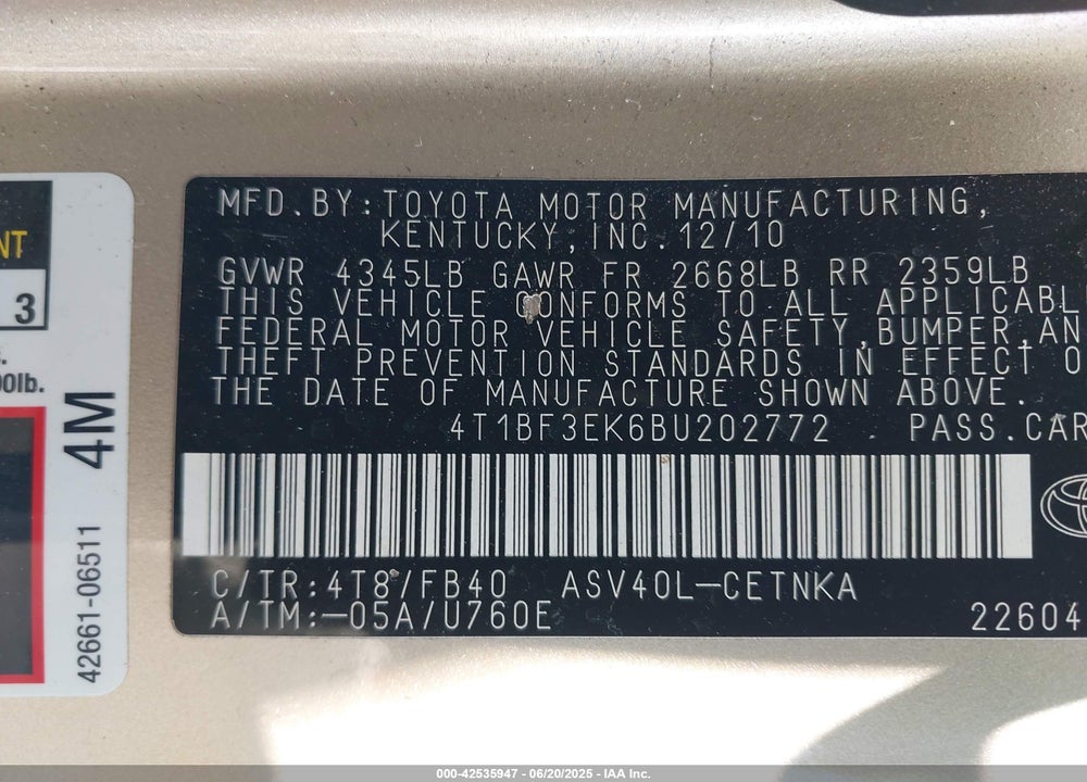 2011 TOYOTA CAMRY VIN: 4T1BF3EK6BU202772