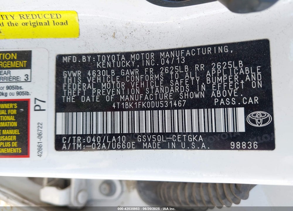 2013 TOYOTA CAMRY VIN: 4T1BK1FK0DU531467