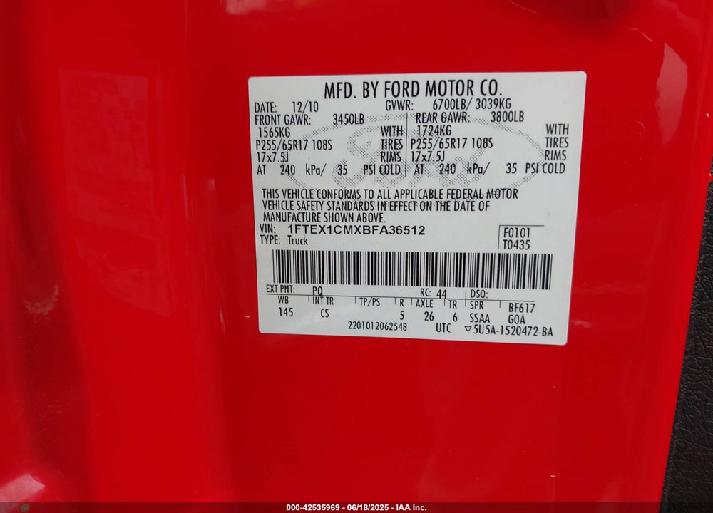 2011 FORD F-150 VIN: 1FTEX1CMXBFA36512