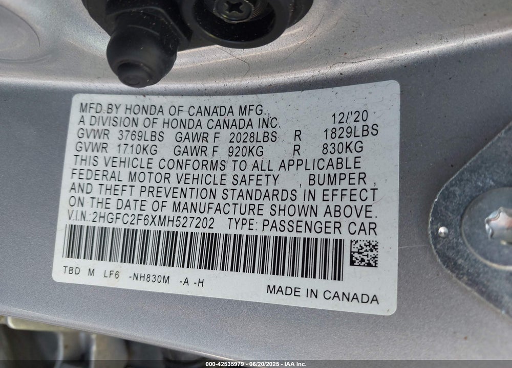 2021 HONDA CIVIC VIN: 2HGFC2F6XMH527202