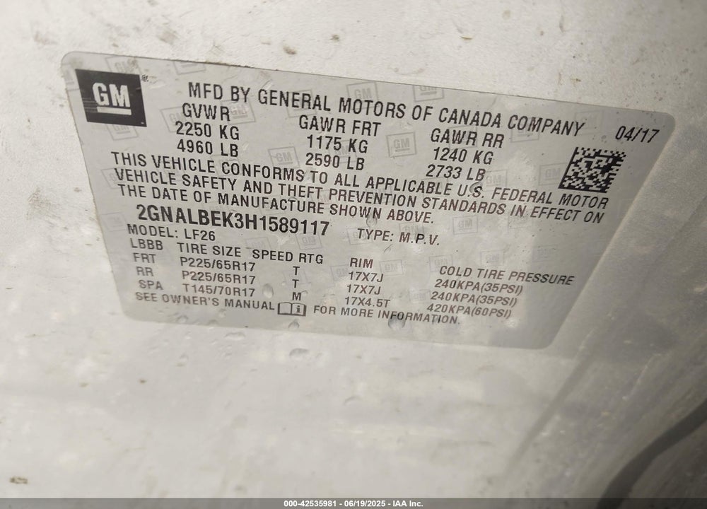 2017 CHEVROLET EQUINOX VIN: 2GNALBEK3H1589117