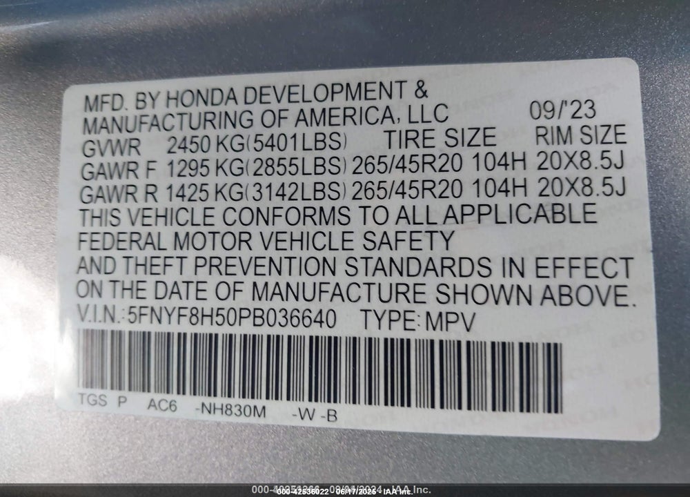 2023 HONDA PASSPORT VIN: 5FNYF8H50PB036640