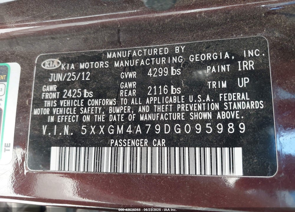 2013 KIA OPTIMA VIN: 5XXGM4A79DG095989