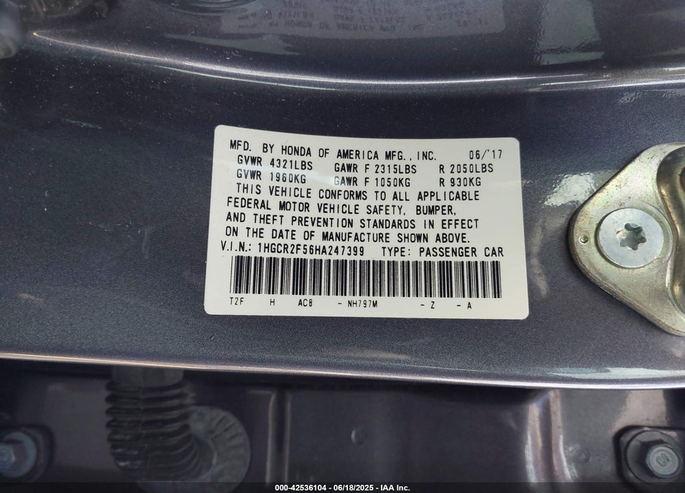 2017 HONDA ACCORD VIN: 1HGCR2F56HA247399