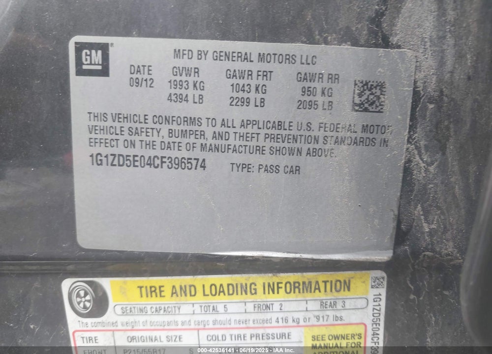 2012 CHEVROLET MALIBU VIN: 1G1ZD5E04CF396574