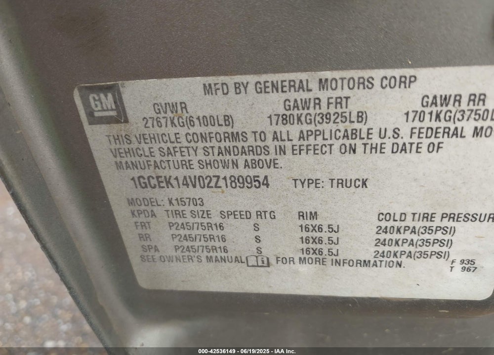 2002 CHEVROLET SILVERADO 1500 VIN: 1GCEK14V02Z189954