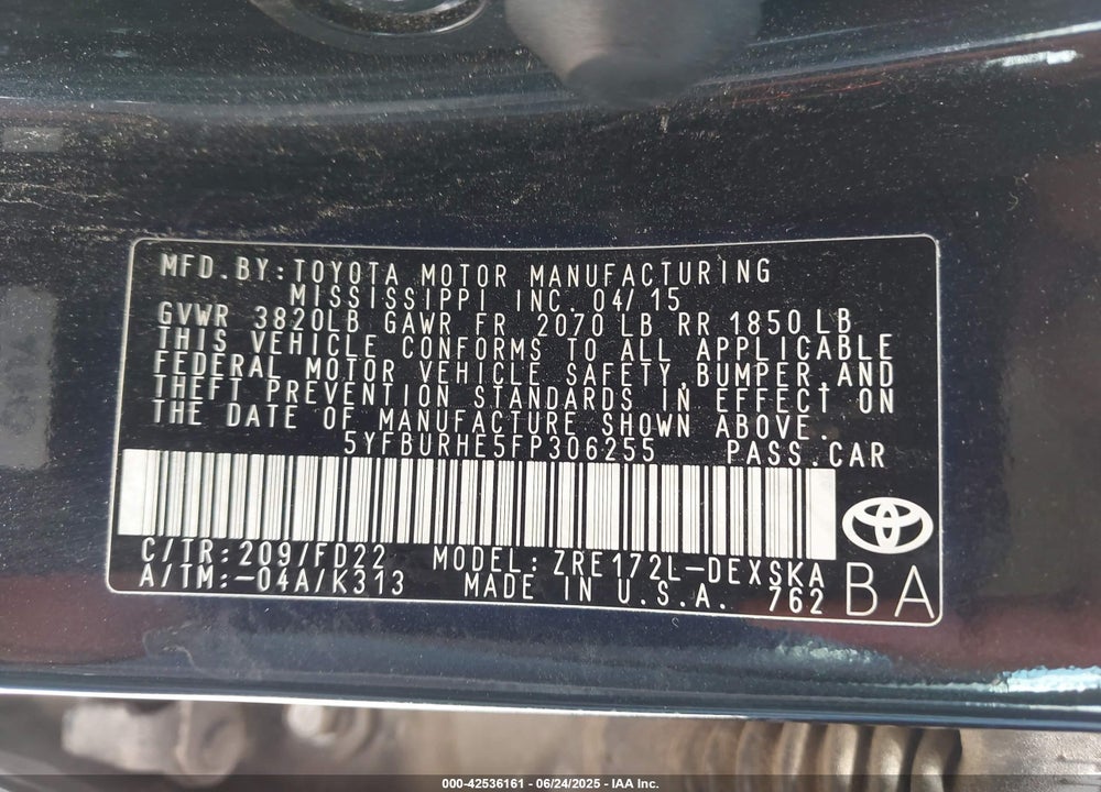 2015 TOYOTA COROLLA VIN: 5YFBURHE5FP306255
