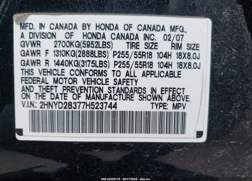 2007 ACURA MDX TECHNOLOGY PACKAGE VIN: 2HNYD28377H523744
