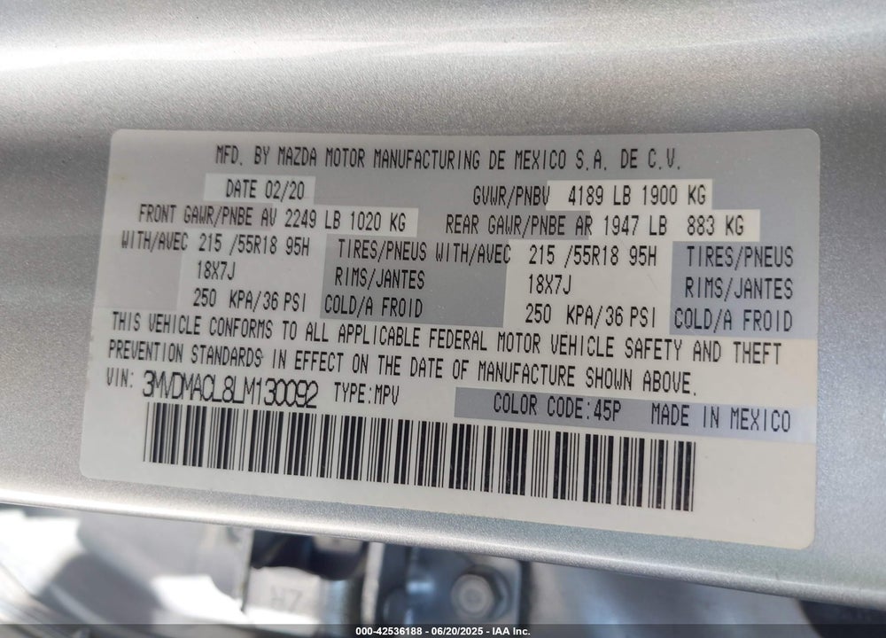 2020 MAZDA CX-30 VIN: 3MVDMACL8LM130092