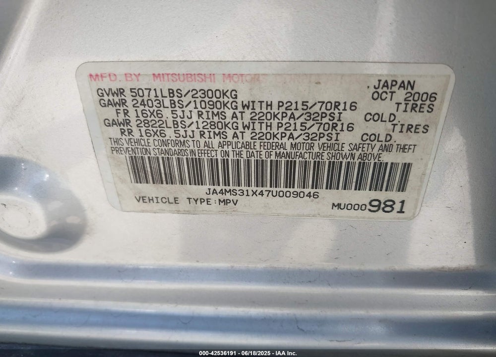 2007 MITSUBISHI OUTLANDER VIN: JA4MS31X47U009046