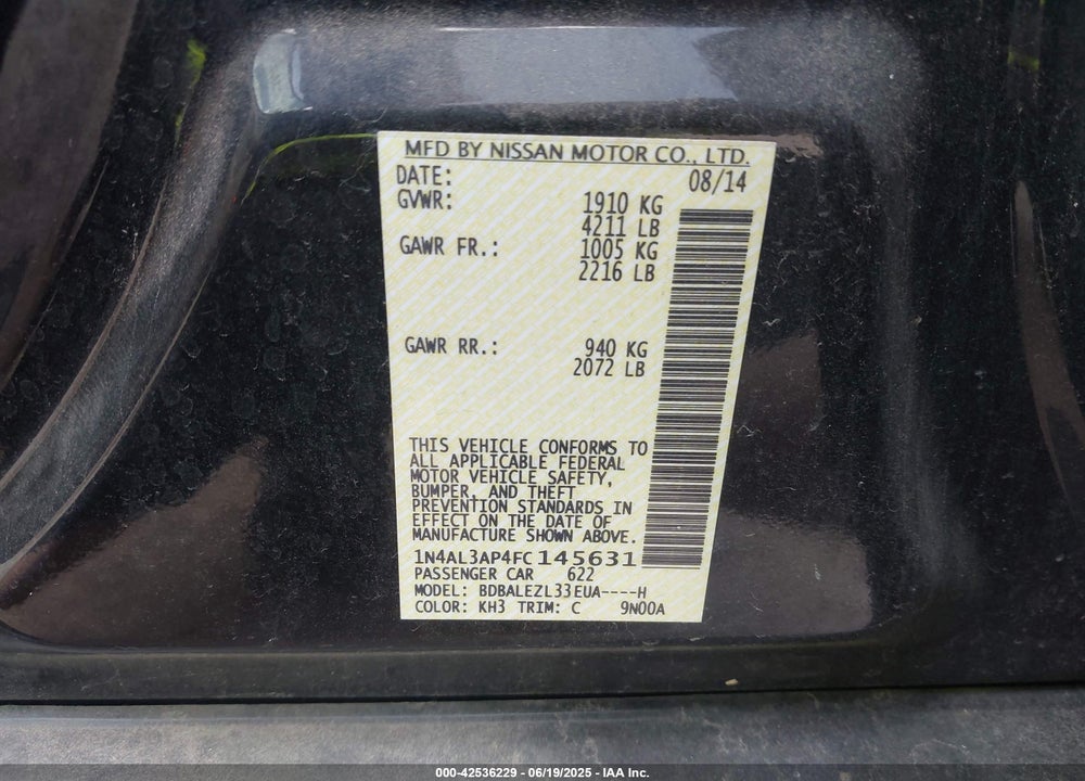 2015 NISSAN ALTIMA VIN: 1N4AL3AP4FC145631